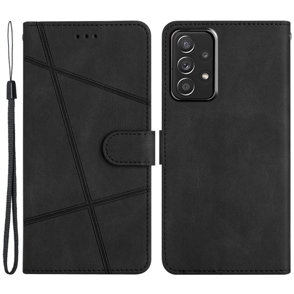 For Samsung Galaxy A73 5G PU Leather Crazy Horse Texture Phone Cover Imprinted Lines Wallet Stand Flip Magnetic Case with Strap - Black