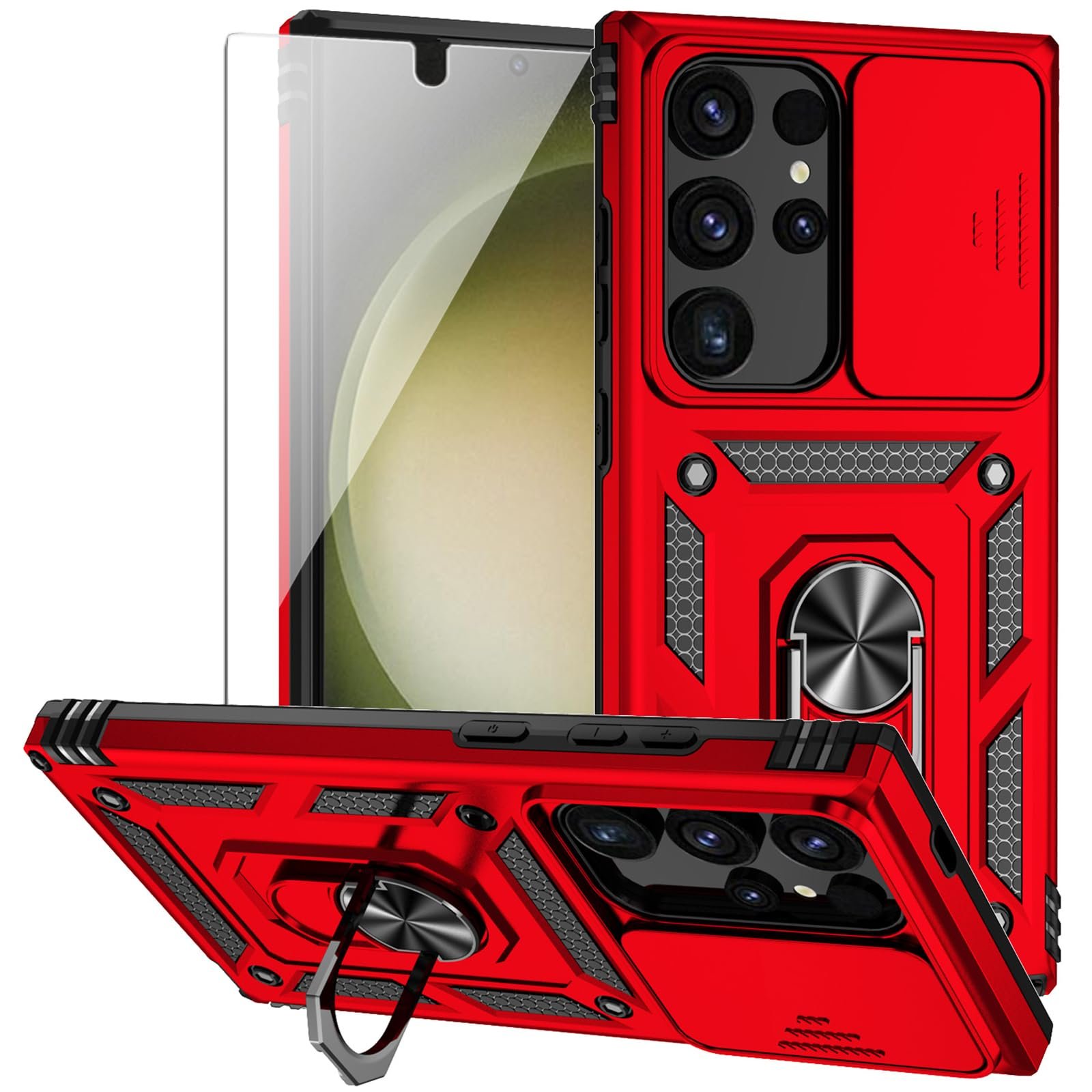 For Samsung Galaxy S24 Ultra Case Ring Magnetic Kickstand PC + TPU Dual Layer Shock Absorption Protective Phone Protector with Camera Lens Cover - Red