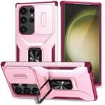 For Samsung Galaxy S24 Ultra Case Ring Magnetic Kickstand PC + TPU Dual Layer Shock Absorption Protective Phone Protector with Camera Lens Cover - Pink