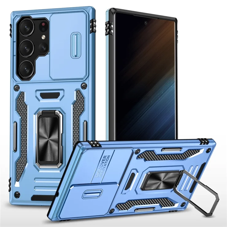 For Samsung Galaxy S24 Ultra Case Ring Magnetic Kickstand PC + TPU Dual Layer Shock Absorption Protective Phone Protector with Camera Lens Cover - Baby Blue