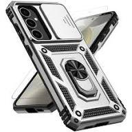 For Samsung Galaxy S24 Ultra Case Ring Magnetic Kickstand PC + TPU Dual Layer Shock Absorption Protective Phone Protector with Camera Lens Cover - White