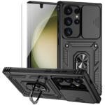 For Samsung Galaxy S24 Ultra Case Ring Magnetic Kickstand PC + TPU Dual Layer Shock Absorption Protective Phone Protector with Camera Lens Cover - Black