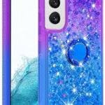 YB Quicksand Series-4 Phone Case for Samsung Galaxy S23 Plus Liquid Quicksand Shockproof TPU Cover with Lanyard -Gold/Hearts