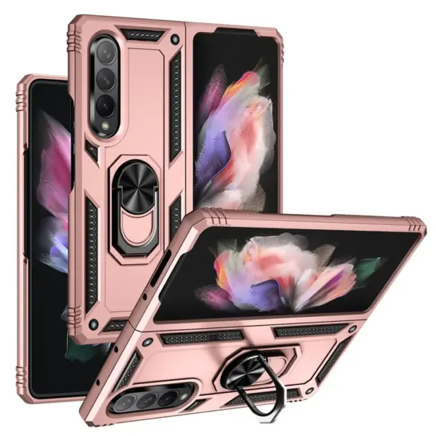 Ring Holder Kickstand Design Anti-fall PC + TPU + Metal Hybrid Phone Cover Shell for Samsung Galaxy Z Fold3 5G - Rose Gold