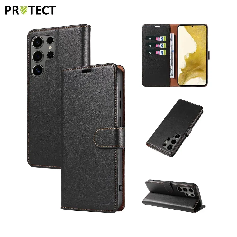 For Samsung Galaxy S25 Ultra Stand Wallet Phone Case Genuine Split Leather-black