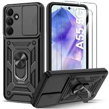 Étui pour Samsung Galaxy A55 5G avec protection de l'appareil photo, étui de protection robuste pour Galaxy A55 5G avec support annulaire métallique à 360°, étui rigide antichoc de style militaire pour Samsung A55 5G (Noir)