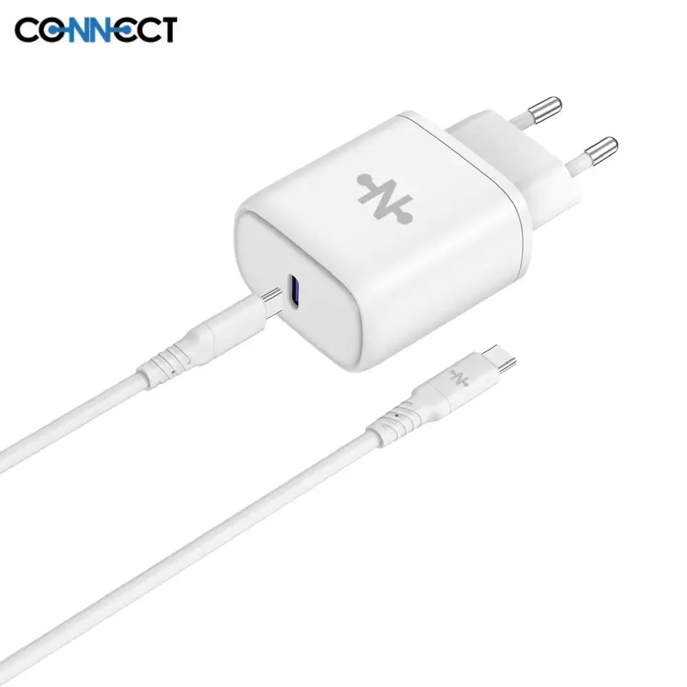Chargeur Secteur USB-C CONNECT Charge Rapide 25W MC-CBC25W2 avec Câble Data USB-C vers USB-C MC-CCB12 (1m) Blanc