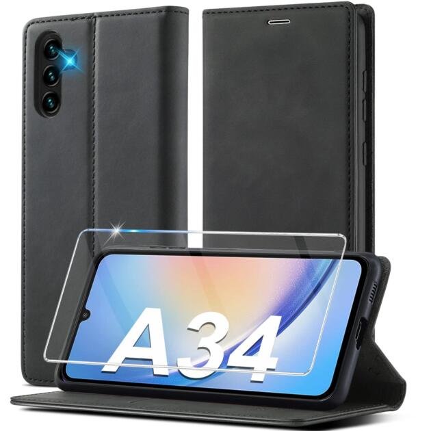 Housse Portefeuille Cuir Premium avec Film de Protection pour Samsung Galaxy A34 5G Noir