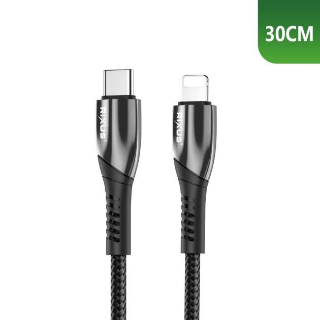 Câble USB-C vers Lightning Charge Rapide Tressé Nylon Rixus RXUC37L 30cm Noir