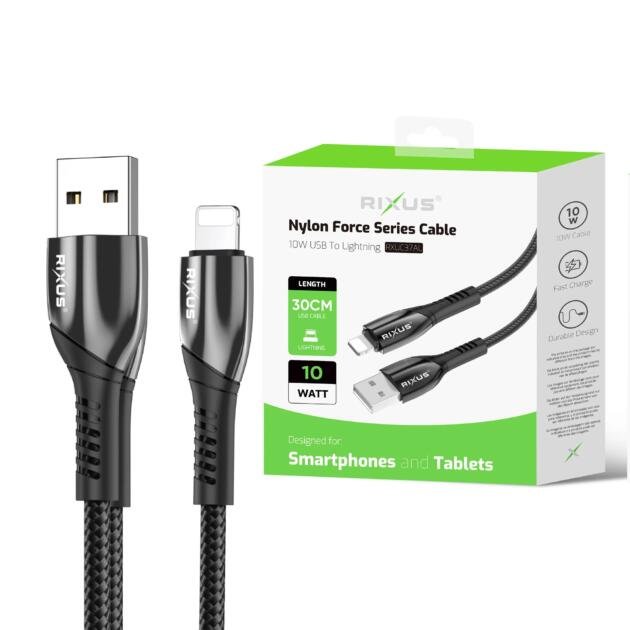 Câble USB-A vers Lightning Tressé Nylon Rixus RXUC37AL 30cm Noir