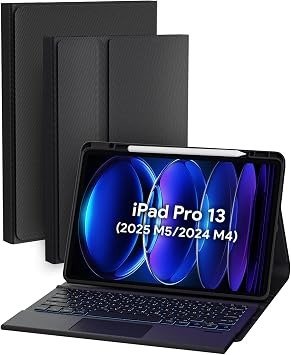 Doohoeek Housse avec Clavier Bluetooth Rétroéclairé et Pavé Tactile pour iPad Pro 13" M4 M5 QWERTZ Noir