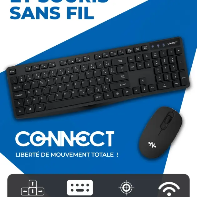 Pack Clavier et Souris Sans Fil CONNECT AZERTY Noir